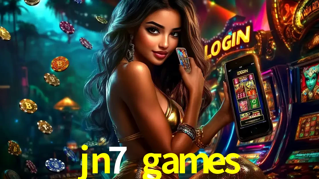 Mulher em um cenário de cassino temático de aventura, mostrando o app de caça-níqueis da jn7 games no celular. Fichas de apostas flutuam ao redor.