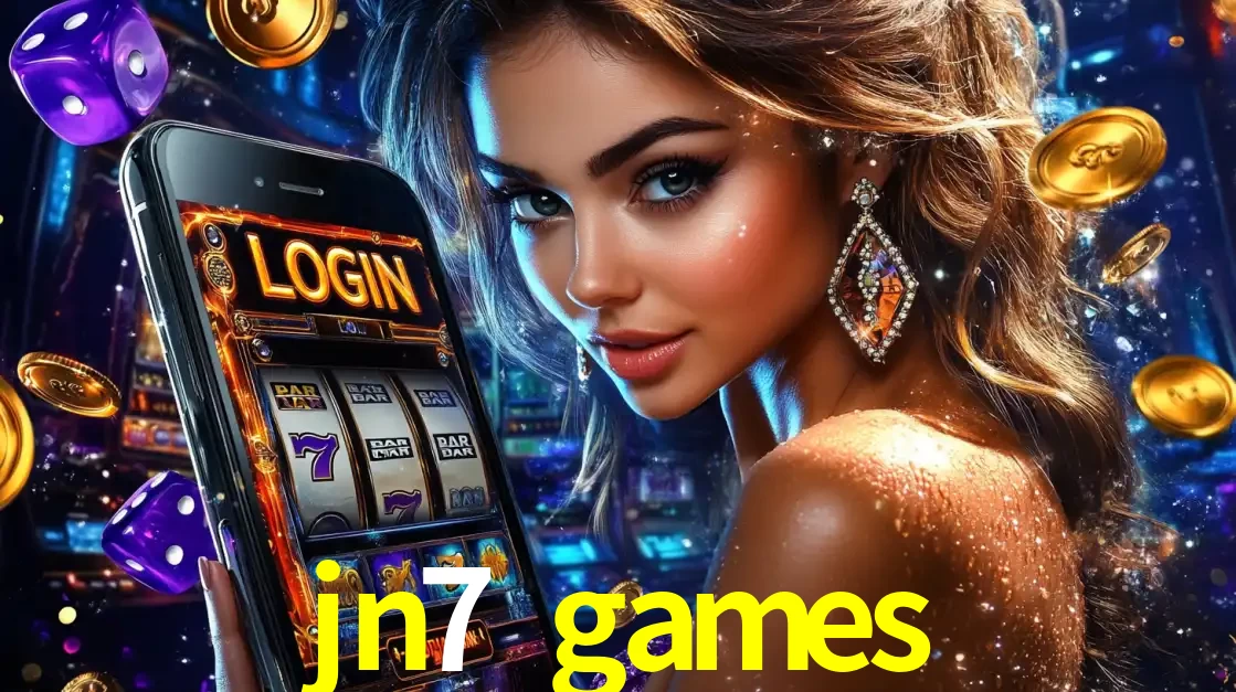 Mulher glamorosa segurando um smartphone com a tela de login para os jogos de caça-níqueis do cassino online jn7 games, com moedas de ouro e dados ao redor.
